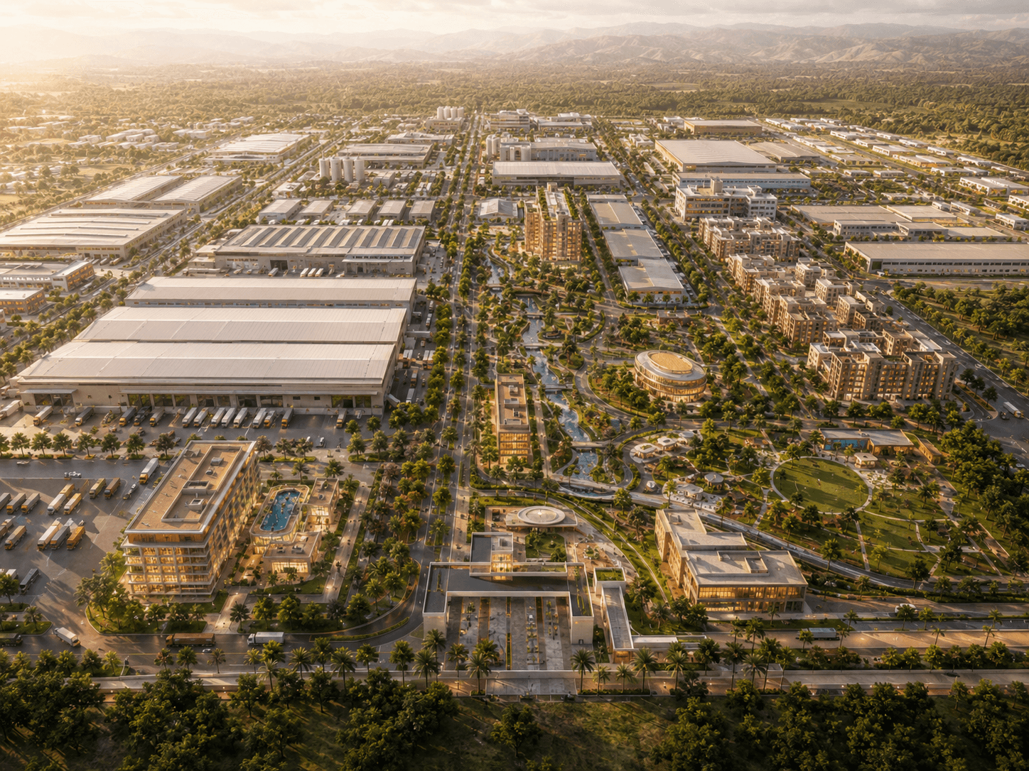 MAHA-GFC masterplan aerial rendering — integrated furniture manufacturing city with factory units, central green spine, residential, hotel and commercial zones in Palghar, Maharashtra